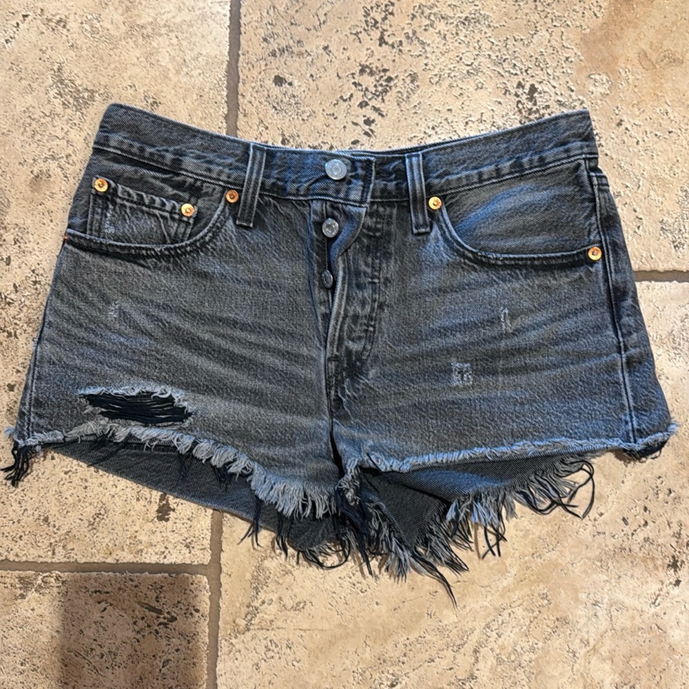 Levi’s 501 cutoff jeans shorts Distressed Faded Black Size 24 Exc. Used Cond.